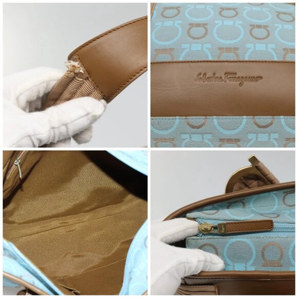 Salvatore Ferragamo Gancini Tote Bag Canvas Leather Light Blue Gold Auth gh706 - Picture 14 of 16